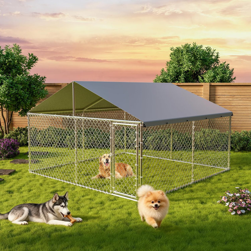 Chenil d'extérieur pour chien 10 pi x 10 pi x 6 pi avec structure en acier galvanisé, toit imperméable résistant aux rayons UV pour la cour, le patio, l'utilisation à la ferme