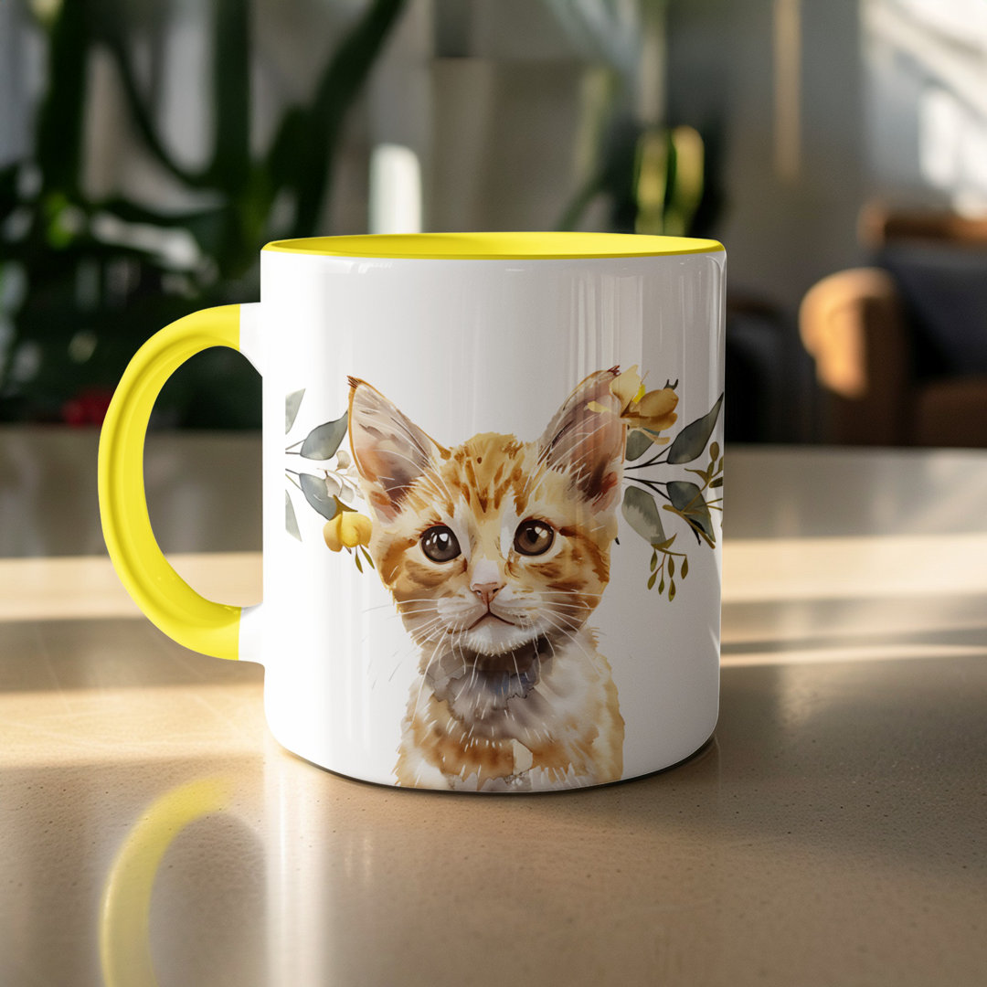 Set of 4 – Cat Design 11oz Accent Mug – White Ceramic Coffee Cup with Colored Handle and Interior