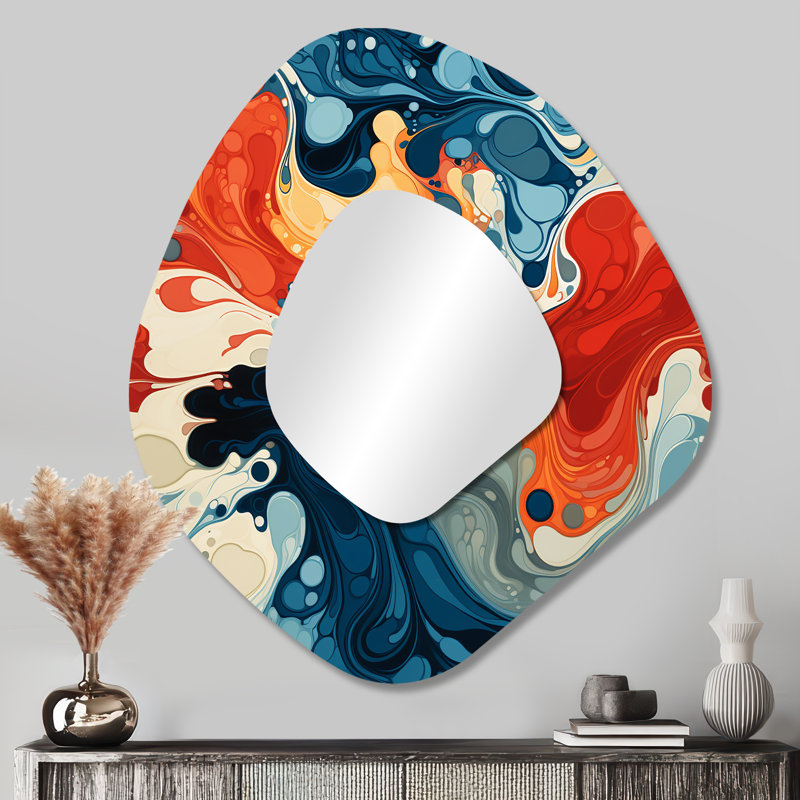 «Jaxton», encre liquide bleue et orange River III - miroir décoratif à encre liquide, miroir mural asymétrique bleu, impression sur métal