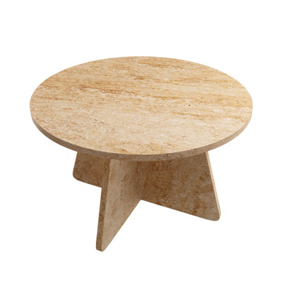 Travertine Look Round Coffee Table – Cross Legs End Table for Living Room
