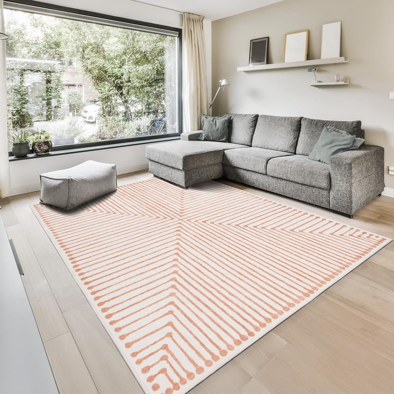 Claros - Indoor, Machine Washable Area Rug - 5'x7' Orange Beige Home Carpet, Rectangle 5' x 7'