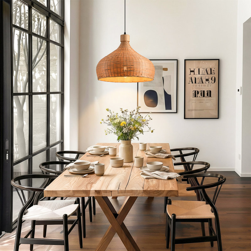 Luminaire suspendu à 1 lumière en bambou naturel tissé à la main 18 po à intensité variable Boho