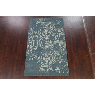 Tapis bleu noué à la main de conception unique 4 pi 9 po x 7 pi 10 po New Age