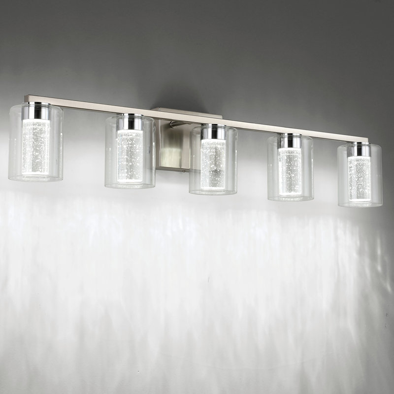 Éclairage pour salle de bain 5 lumières en nickel brossé avec 3 modes de couleur et abat-jour en verre transparent, 5