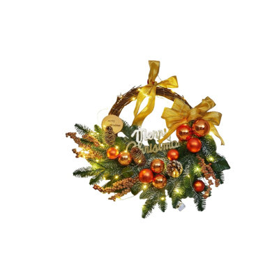 Couronnes de Noël avec lumières, couronne de Noël verte avec branche de pin, boules de Noël, arcs, pommes de pin, décoration intérieure et extérieure de baies pour Noël, décorations de Noël, décorations des Fêtes