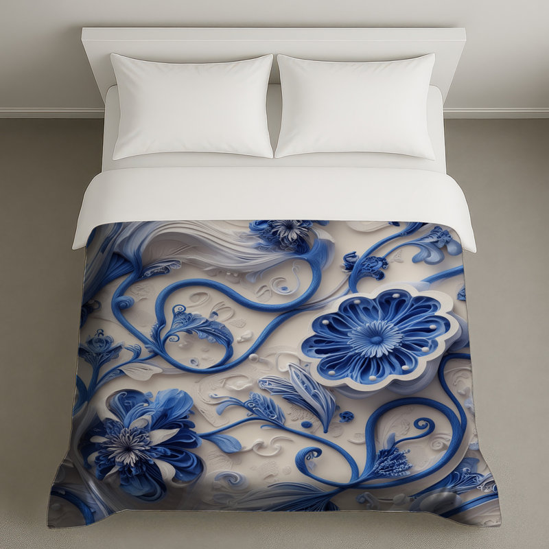 Housses de couette fleurs bleues quilling, Lit simple