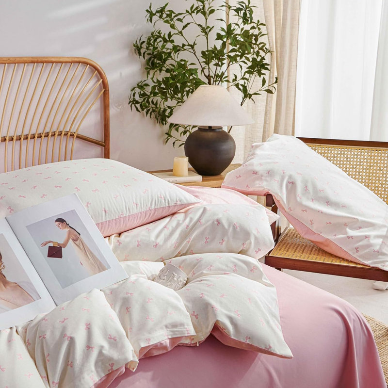 Cotton Bedding Set Ultra Soft Bow Pattern Comforter Cover Bedding Duvet Cover Pink Duvet Cover Set