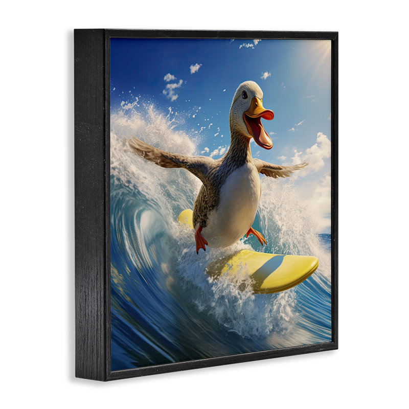 «Happy Surfing Duck», estampe numérique par Jim Baldwin, H 12 po x l 12 po, Giclée encadrée noir minuit
