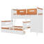 Lit superposé simple au-dessus d'un lit double en bois avec garde-robe, tiroirs, tablettes et lumière DEL (blanc + orange)