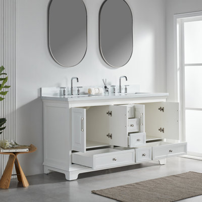 Meuble-lavabo double autoportant de 60 po entièrement assemblé, structure en bois massif, portes et tiroirs à fermeture en douceur, marbre d'ingénierie, meuble-lavabo blanc de style américain assemblé, bois d'hévéa, système, catégorie A