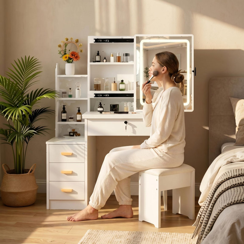 Bureau de coiffeuse avec miroir coulissant et lumières, ensemble de coiffeuse à maquillage avec 4 tiroirs, tabouret, tablettes ouvertes, 3 modes d'éclairage réglables en couleur, coiffeuse à maquillage pour la chambre à coucher