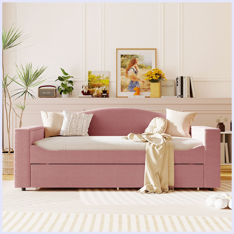 Lit de jour moderne rembourré avec accoudoirs de rangement et couchette, Beige, Simple