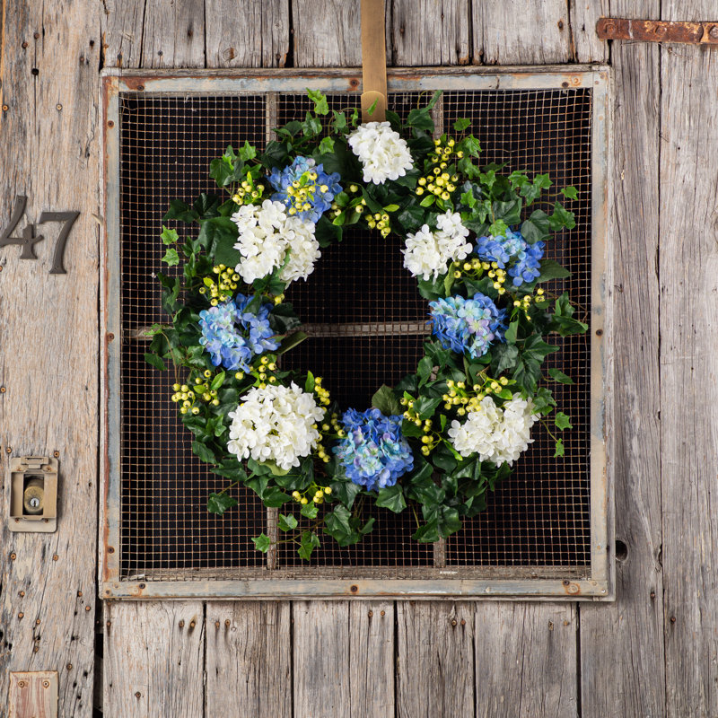 Couronne d'hydrangées en soie, H 30 po x L 30 po x P 5 po, Bleu / vert