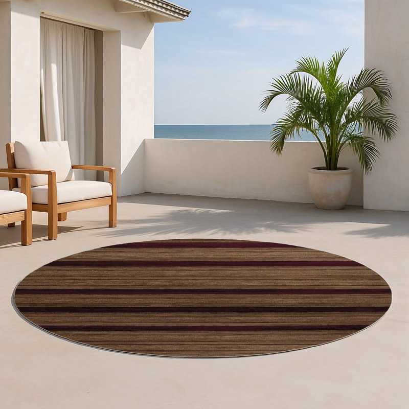 HorizontalStripes Brown Indoor and Outdoor Area Rug, Round 5'