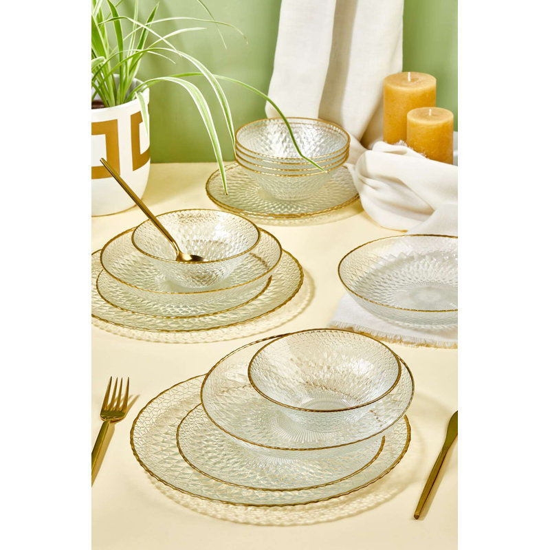Service de table élégant 24 pièces, 100% verre | Comprend 6 assiettes de service (11,0 po), 6 assiettes à dessert (8,3 po), 6 assiettes à dîner (8,3 po), 6 bols (5,9 po) | Parfait pour les occasions spéciales, ne va pas au lave-vaisselle ni au micro-ondes