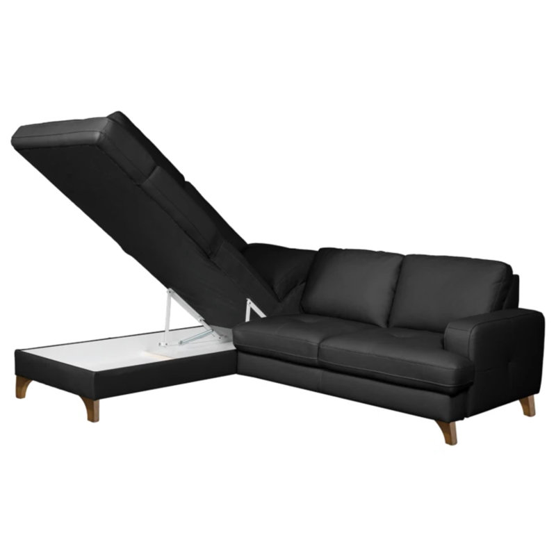 Damar Leather Corner Sofa with Sleeping Function and Storage, Left Hand Facing, Damar Black Genuine Leather