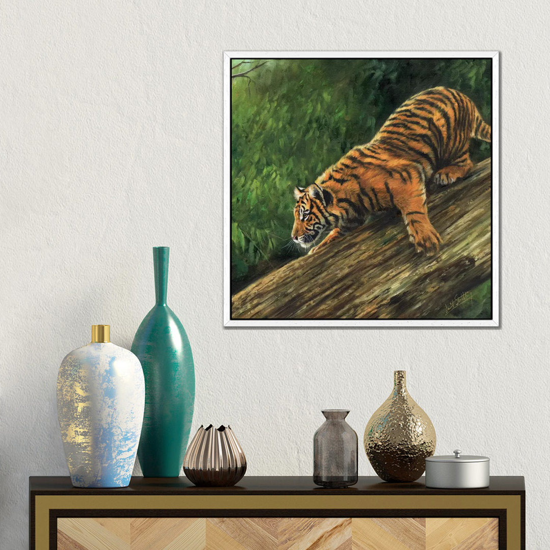 Tiger In Tree von David Stribbling - Galerie-umwickelte Leinwand Giclée