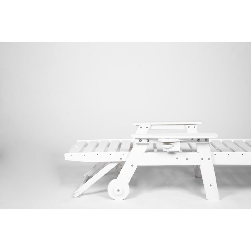 White Outdoor Lounge Chair With Wood Texture - 5 Positions, Wheels, Cup Holder, White