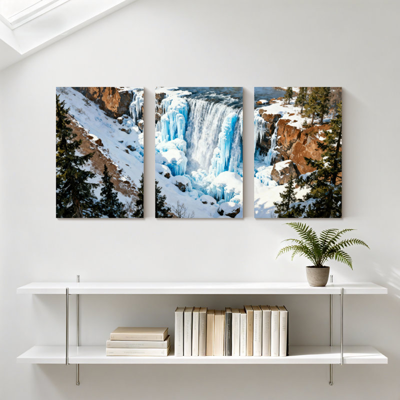 Winter forest Winter Waterfall Snow Icicles Trees Reflection Landscape, ensemble de 3 impressions sur toile