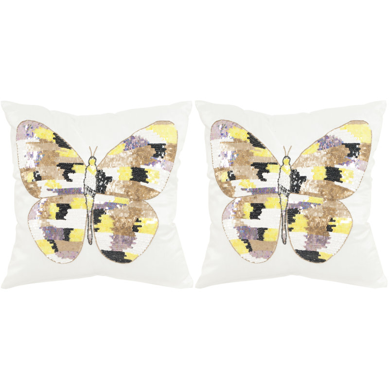 Beige and White Embroidered Butterfly Accent Pillows, Set of 2