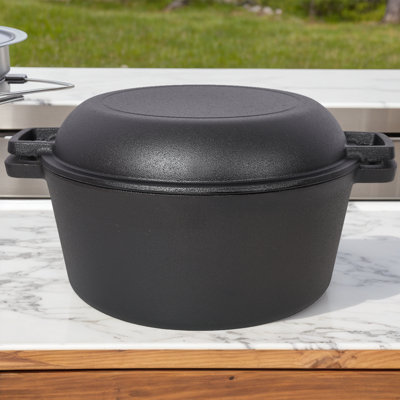 2-In-1 Cast Iron Dutch Oven With Skillet Lid, Pre-Seasoned 5 Qt Pot With Dual Handles For Camping & BBQ