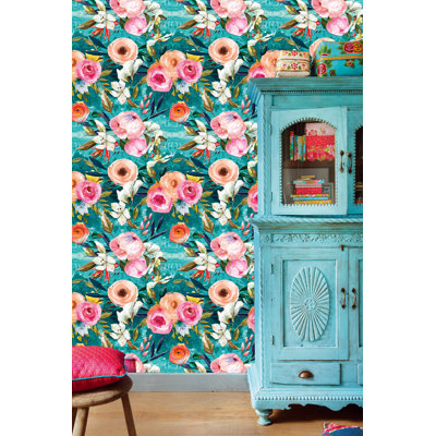 Vintage Floral Peel and Stick Wallpaper Emerald/Pink Removable for Bedroom Nursery Decorations 17.3in x 32.8ft