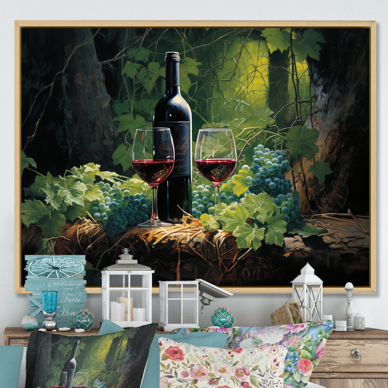 Cabernets calmes I - vin, impressions murales, Cadre naturel flottant, 16" H x 32" W