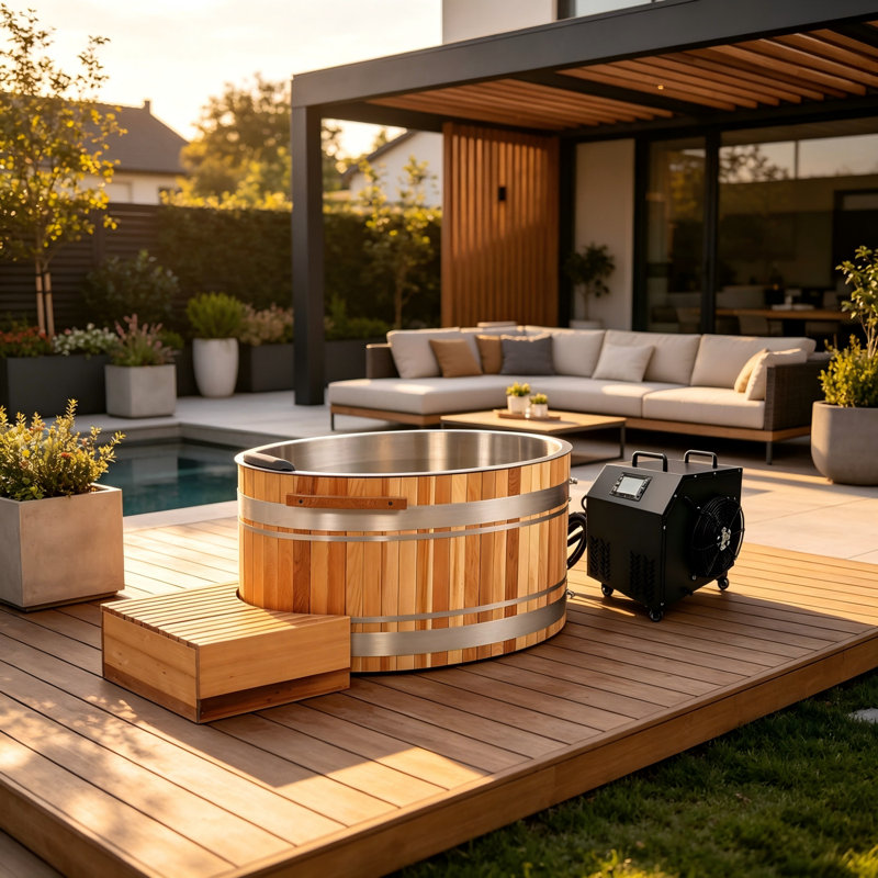 51.96" Red Cedar Cold Plunge Tub with Stainless Steel Liner, External Chiller & Wooden Step Stool for Recovery and Wellness