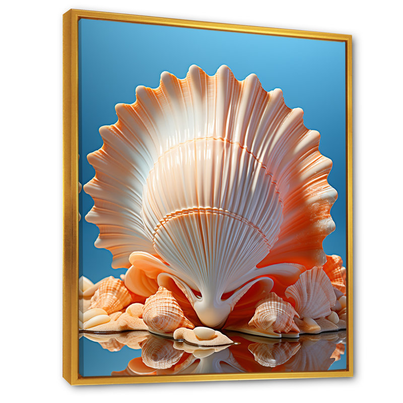 Coquilles opulentes symboliques sur toile, Cadre flottant doré, H 44 po x l 34 po x P 1,5 po