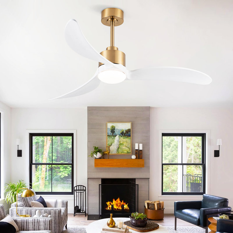 52 In. 3 Reversible Blades Adjust Height Ceiling Fan With Dimmable Led Light & Remote Control, White, Gold