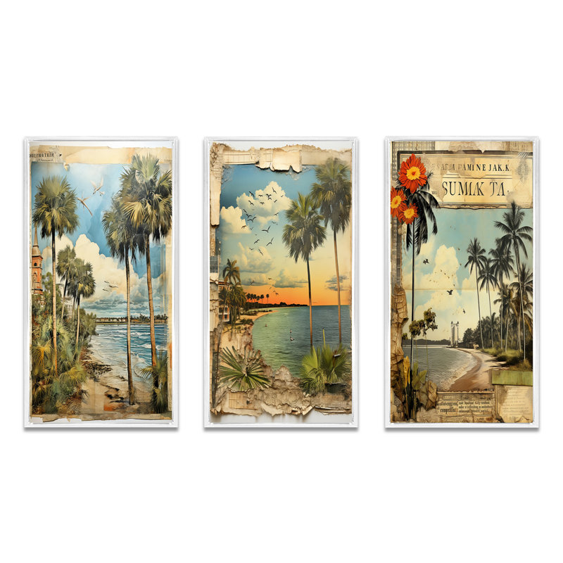 Florida Beach Wall Art, ensemble de 3 pièces sur toile - Collage de palmiers de Floride rétro et plage II, H 32 po x l 48 po