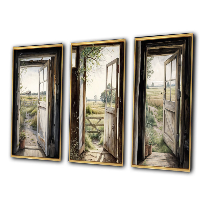 «View From A Cottage Country Door», 3 pièces sur toile, Cadre flottant doré, H 40 po x l 60 po