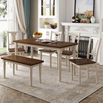 Classic 6-Piece Dining Set Wooden Table And 4 Chairs With Bench For Kitchen Dining Room