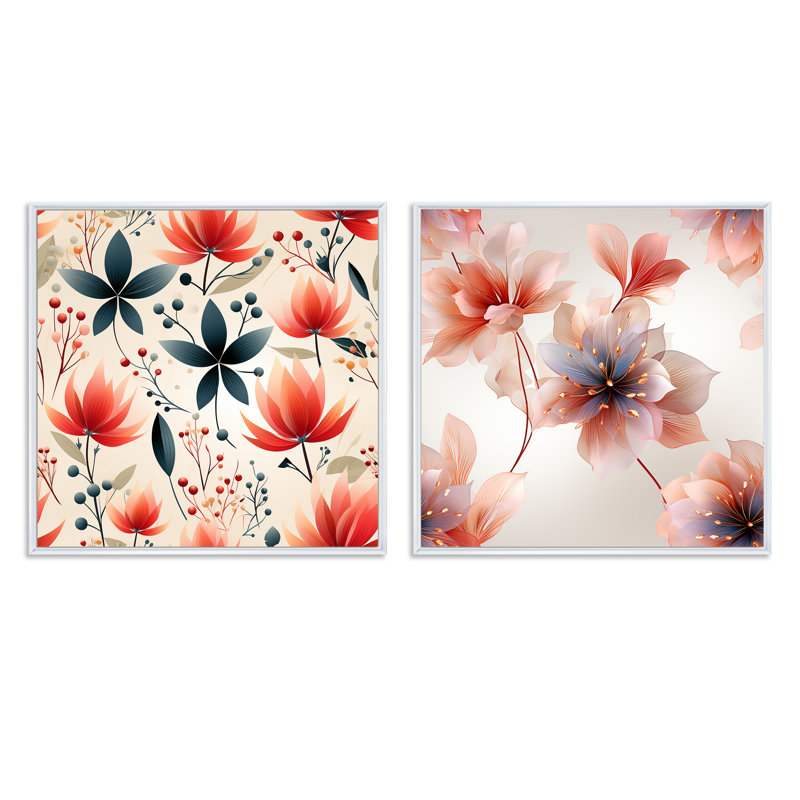 Gaspard - Ensemble de 2 collages carrés botaniques abstraits, Cadre flottant blanc, H 30 po x l 61 po