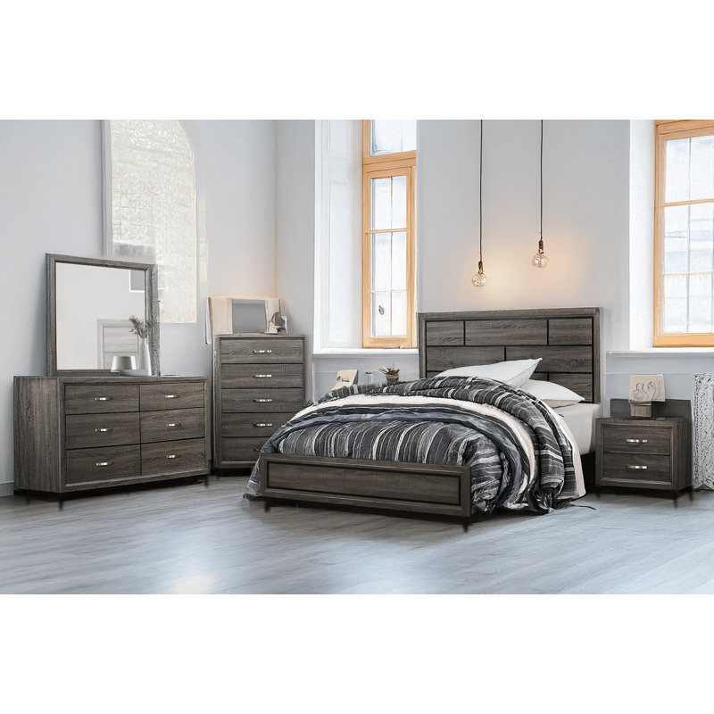 Hanni Platform Bedroom Set, Gray, Twin, 6 Pcs: Bed, 2 Nightstands, Dresser, Chest, Mirror