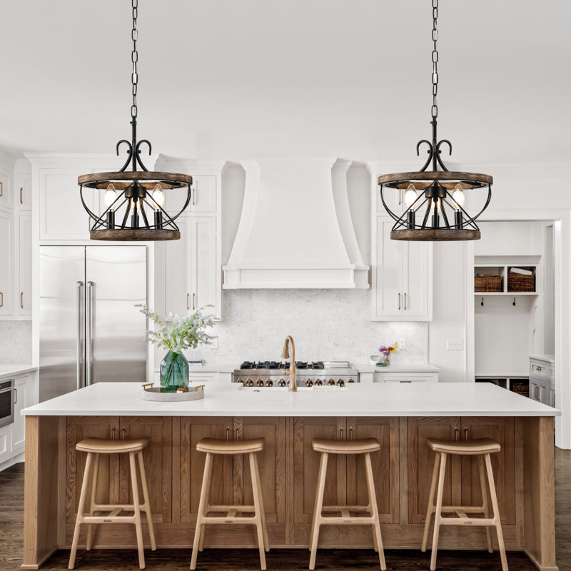Lustre cage en bois massif 3 lumières avec accents en métal, H 14 po x l 13 po x P 13 po, Bois patiné, Trois lumières