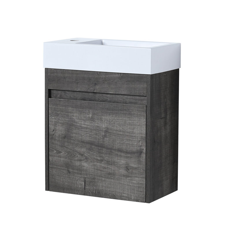 Meuble-lavabo mural moderne de 18,5 po de profondeur avec lavabo en résine blanche, porte à fermeture en douceur et capacité de rangement suffisante de 18 po pour lavabo flottant de conception contemporaine, structure en contreplaqué