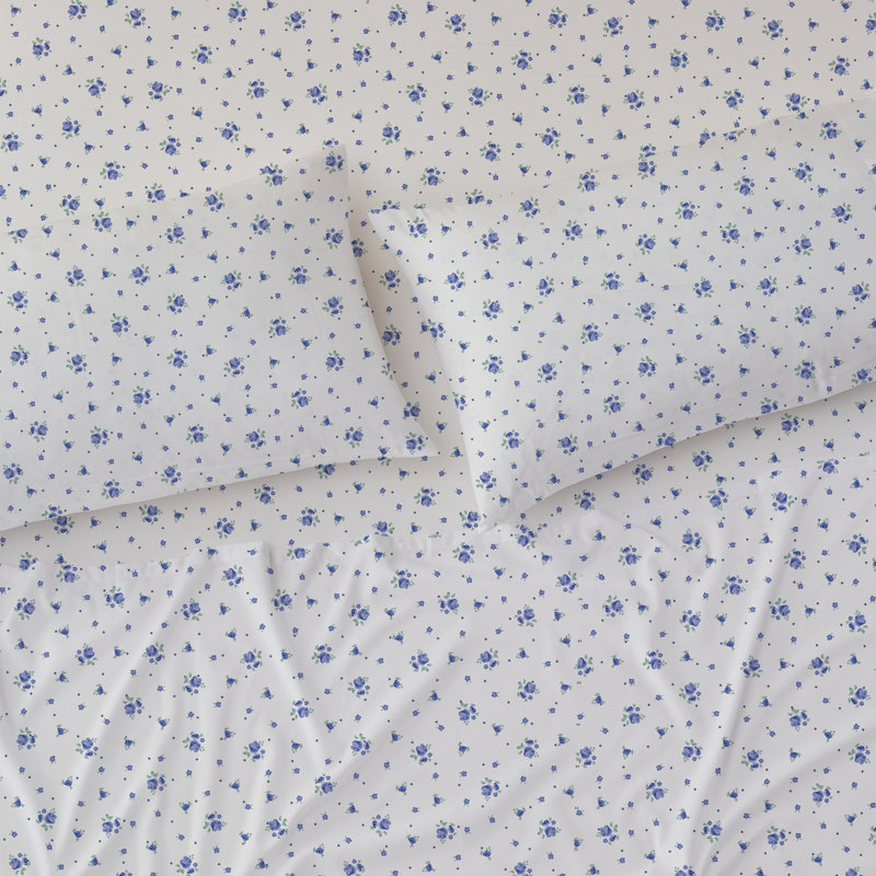 Digital Printed Patterned Fabric Pillowcases Set, Blue Floral, King Pillow Case