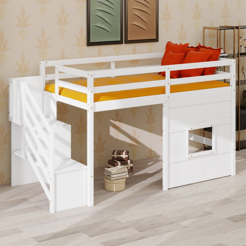 Lit mezzanine peu encombrant avec fenêtre décorative, Blanc