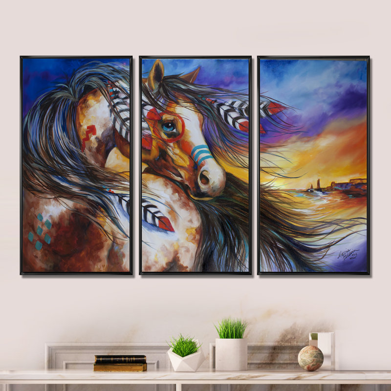 Cheval de guerre indien 5 plumes - ensemble de 3 reproductions d'art sur toile encadrées, L 36 po x H 28 po, Cadre noir