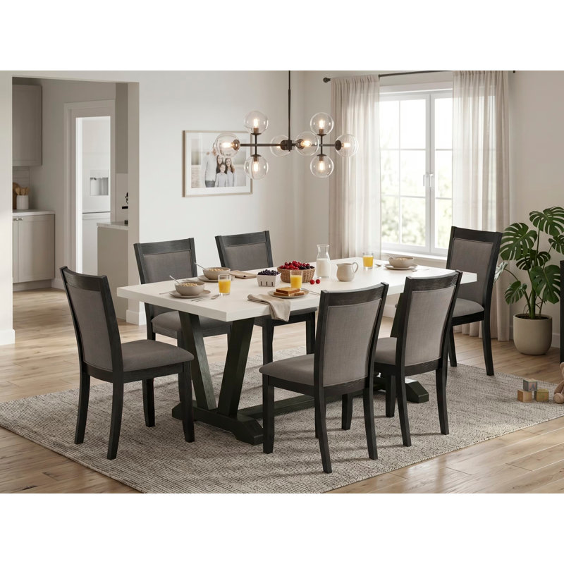 Ensemble de 7 pièces composé d'une table à manger moderne en lin blanc et de 6 chaises de salle à manger en tissu de lin gris foncé Gotham avec dossier élégant - Finition noire brossée 