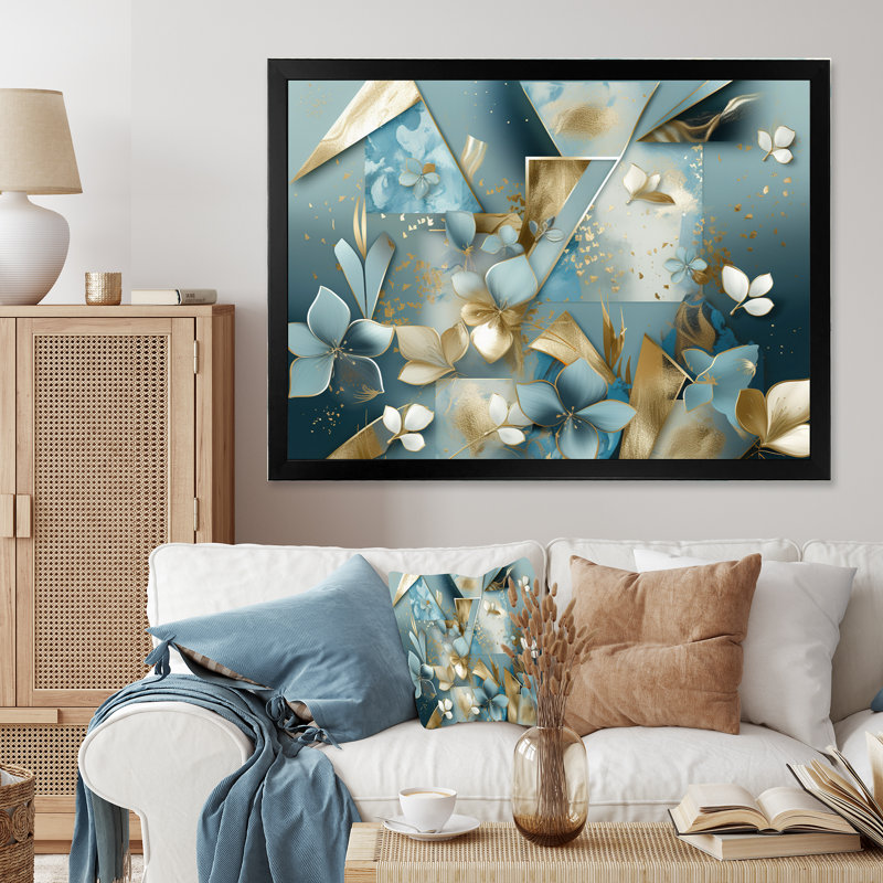 Motif floral en marbre doré bleu III - impression, H 12 po x l 20 po x P 1 po, Cadre photo noir