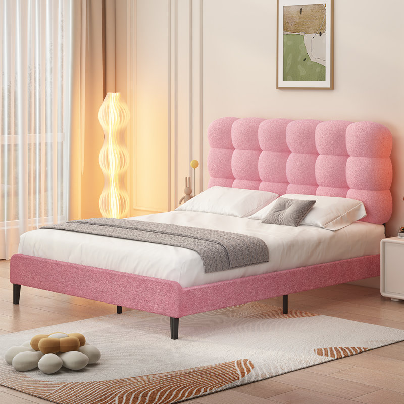 Tête de lit tapissier Aadi, lit plateforme avec support en lattes de bois robuste, conception à deux formes de lit, Rose