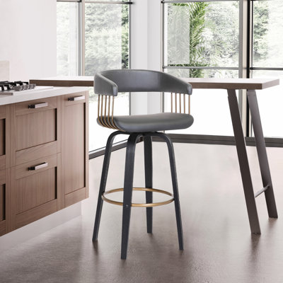 Lynnon Swivel Counter or Bar Height Bar Stool in Faux Leather, Wood and Golden Bronze Metal