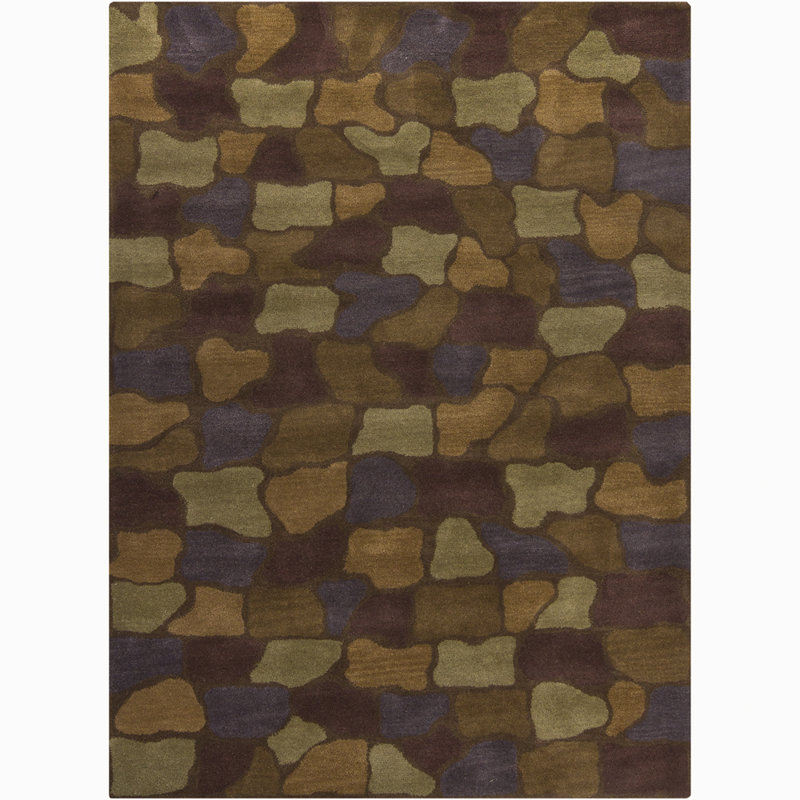 Tapis mosaïque rustique moderne en laine touffeté à la main brun, vert, mauve, doré, brun clair et bleu Bartz