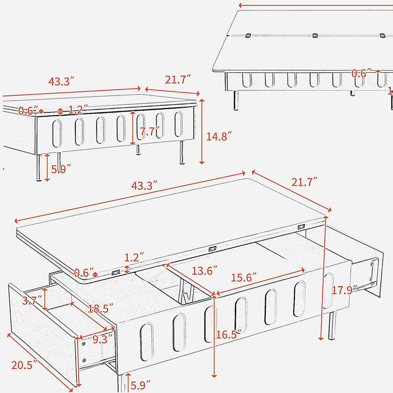Table basse à plateau relevable avec 2 tiroirs, table basse moderne avec plateau pliable, Blanc
