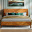 Très grand lit plateforme en bois d'acacia massif RORNS Bifrost avec tête de lit et pied de lit de style Mid-Century, sans sommier tapissier, support de lattes robuste, résistant aux égratignures et à l'eau, finition caramel-1016486412-1016486410