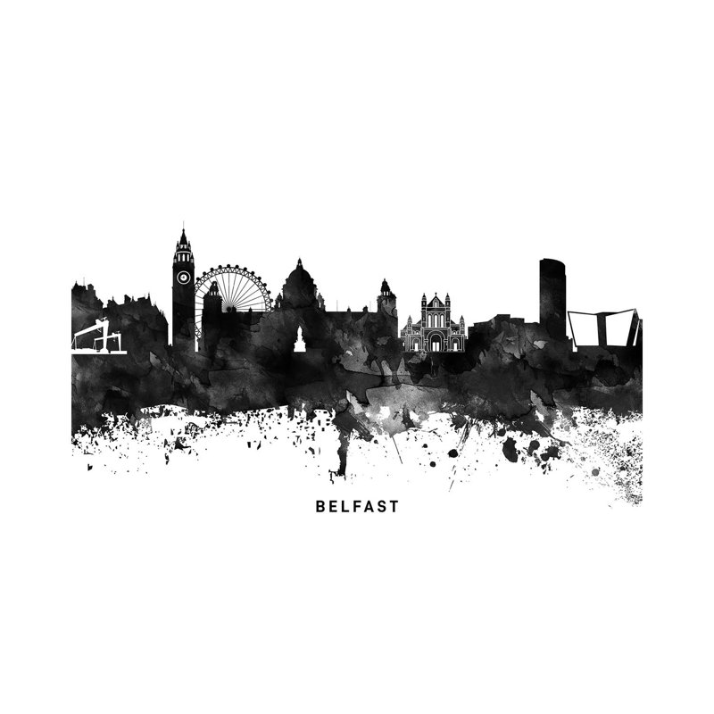 Belfast Skyline Black & White par Walldecoraddict - Toile tendue avec châssis sur toile, H 26 po x l 40 po x 1,5 po