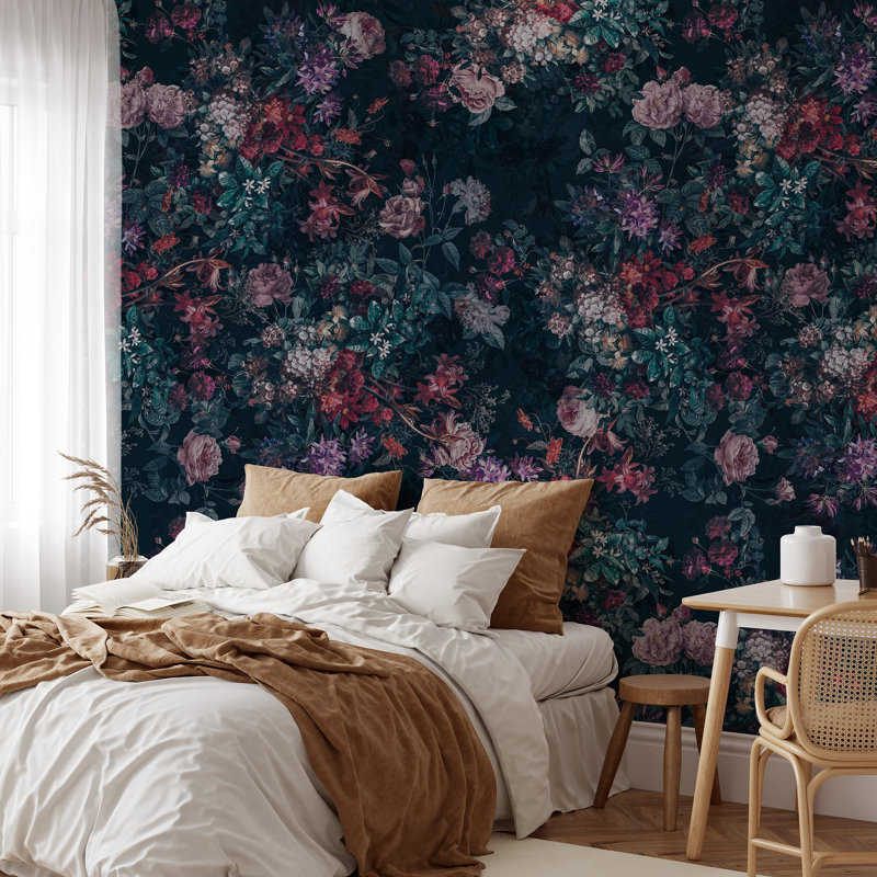 Papier peint adhésif luxueux à motif floral foncé Ercilia, L 10 pi x l 2 pi