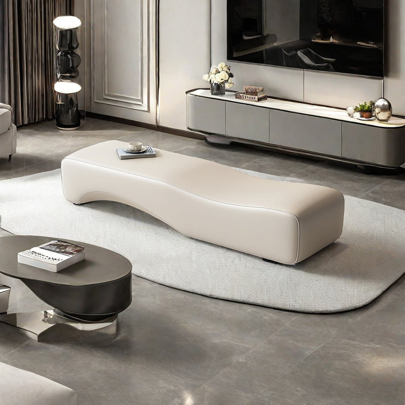 Banc rembourré en cuir Stiliyana, Blanc cassé, H 17,71 po x l 70,86 po x P 19,68 po